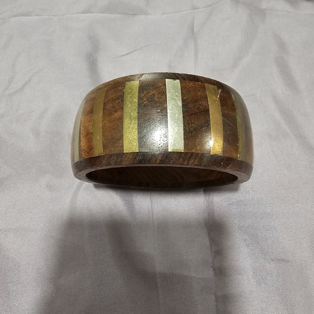 Vintage Wooden Bangle with Metal Accents